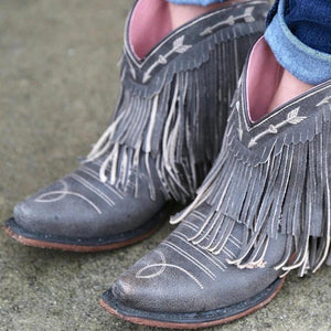 Pointed toe western boots block heel fringe boots wide calf ankle boots with tassel