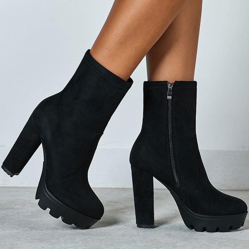 Women minimalist chunky high heel platform short black boots