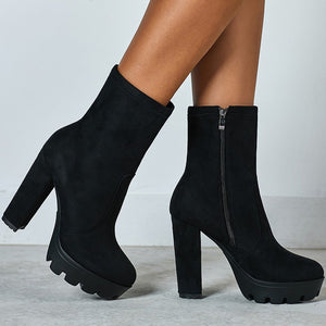 Women minimalist chunky high hee platform short black boots