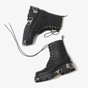 Women lace up chunky platform black short motorcycle boots