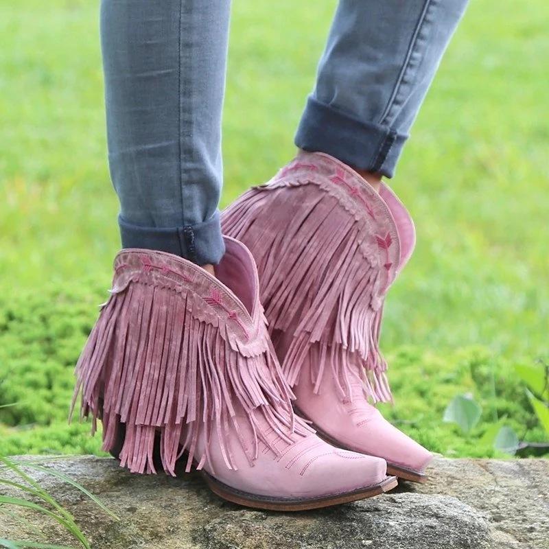 Pointed toe western boots block heel fringe boots wide calf ankle boots with tassel