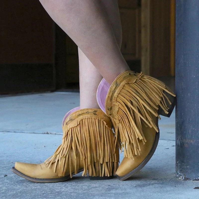 Pointed toe western boots block heel fringe boots wide calf ankle boots with tassel