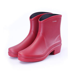 Women chunky heel platform slip on short rain boots