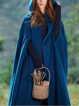 Women hooded cape solid color long duster coat