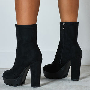 Women minimalist chunky high heel platform short black boots