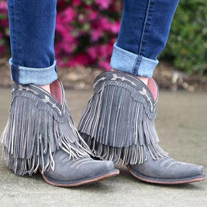 Pointed toe western boots block heel fringe boots wide calf ankle boots with tassel