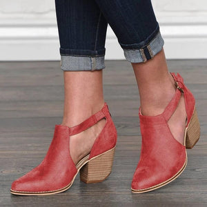 Ankle strap buckle block heel pointed toe ankle boots