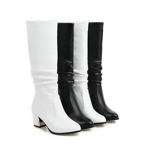 Women solid color slip on chunky heel knee high boots