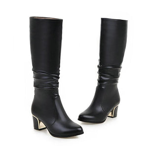 Women solid color slip on chunky heel knee high boots