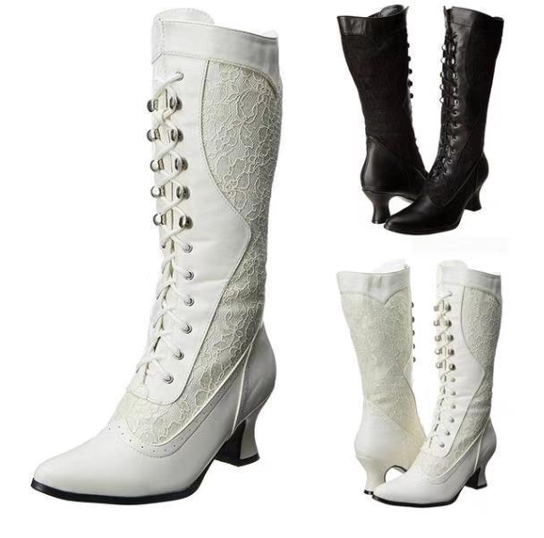 Women's vintage louis heels mid calf boots lace embroidery pointed toe elegant boots