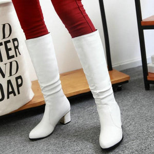 Women solid color slip on chunky heel knee high boots