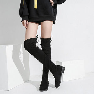 Black Chunky Heel Elastic Lace Up Women Over The Knee Boots