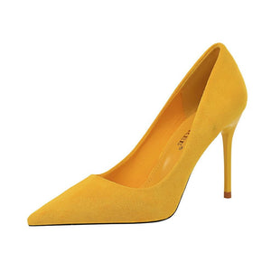 Women 3" pointed toe stiletto yellow heels | closed toe shallow stilettos