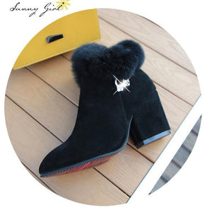 Women Fashion Chunky High Heel Rhinestone Fringe Ankle Short Fur Boots