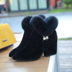 Women Fashion Chunky High Heel Rhinestone Fringe Ankle Short Fur Boots