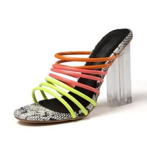 Women neon strappy hollow slip on clear chunky heels
