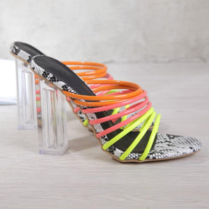 Women neon strappy hollow slip on clear chunky heels