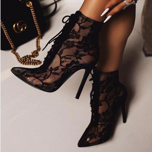 Women flower mesh sexy pointed toe lace up stiletto black boots