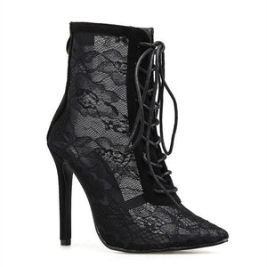 Women flower mesh sexy pointed toe lace up stiletto black boots