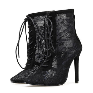 Women flower mesh sexy pointed toe lace up stiletto black boots