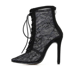 Women flower mesh sexy pointed toe lace up stiletto black boots