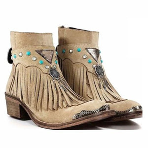 Fringed ankle boots retro boho boots Low block heel boots