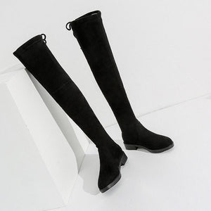 Black Chunky Heel Elastic Lace Up Women Over The Knee Boots