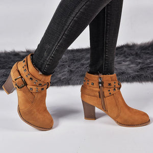 Women studded buckle strap chunky high heel ankle boots