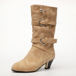 Pointed Toe Buckle Strap Medium High Chunky Heel Studded Lining Cotton Casual Boots For Women
