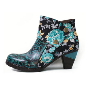 Women block heel flower printed fashion ankle boots