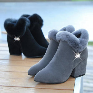 Women Fashion Chunky High Heel Rhinestone Fringe Ankle Short Fur Boots