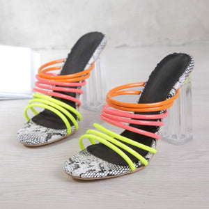 Women neon strappy hollow slip on clear chunky heels