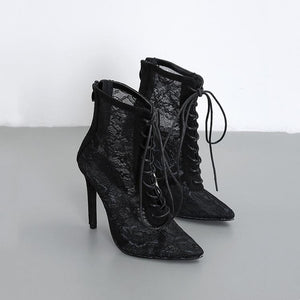 Women flower mesh sexy pointed toe lace up stiletto black boots