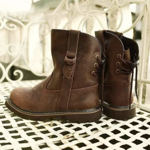 Women chunky platform back lace up short brown booties