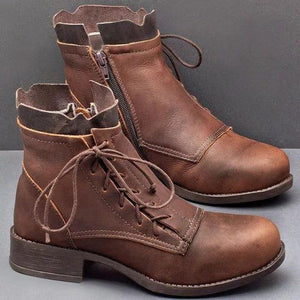 Retro lace-up ankle boots with zippers women's block heel round toe boots all season daily boots