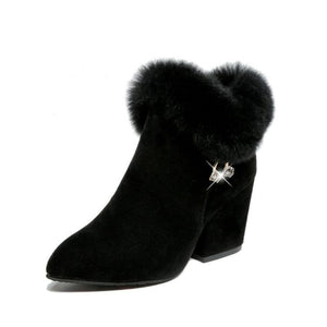 Women Fashion Chunky High Heel Rhinestone Fringe Ankle Short Fur Boots