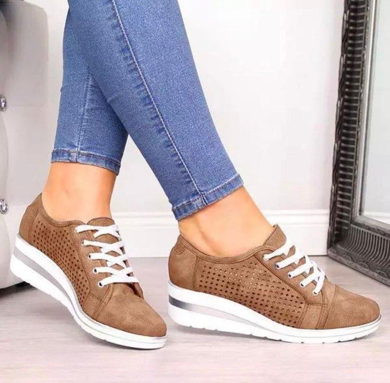 Women Fashion Lace Up Hollow Out Wedge Heel Sneakers - fashionshoeshouse