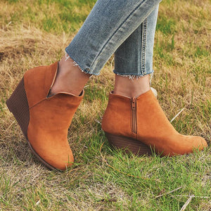 Fashion wedge boots side slit round toe ankle boots