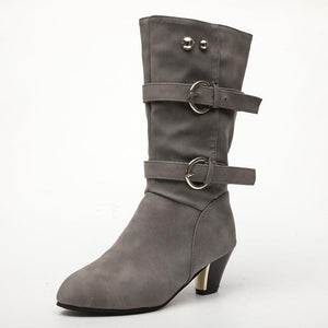 Pointed Toe Buckle Strap Medium High Chunky Heel Studded Lining Cotton Casual Boots For Women