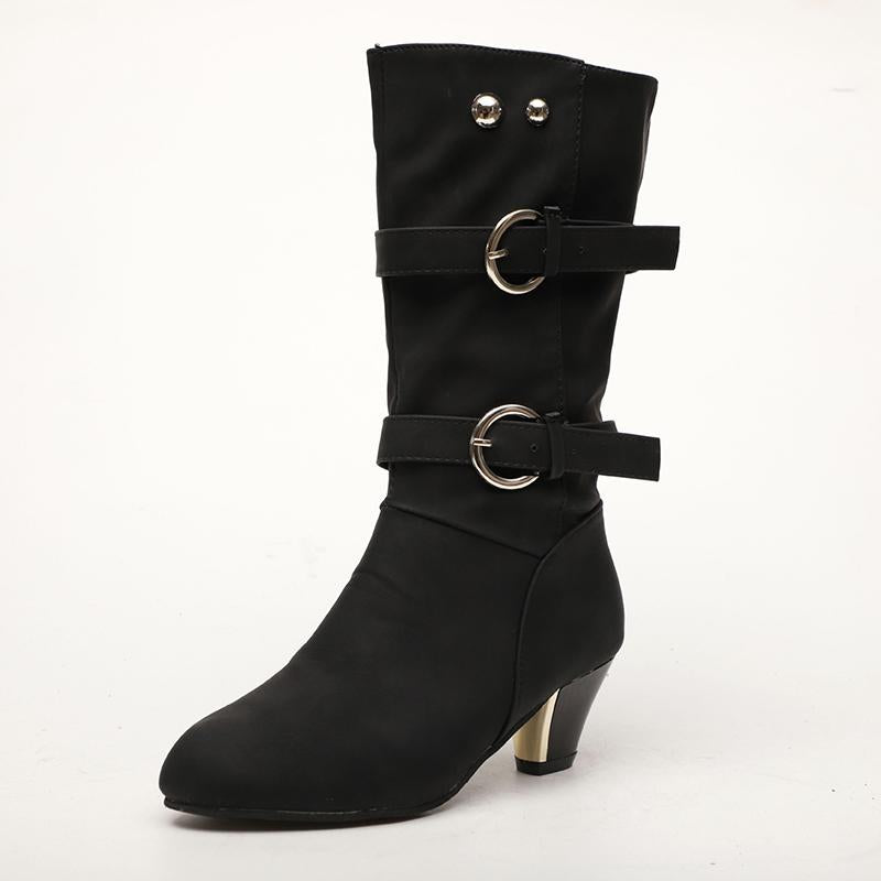 Pointed Toe Buckle Strap Medium High Chunky Heel Studded Lining Cotton Casual Boots For Women