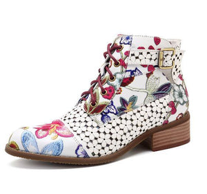 Vintage floral print ankle boots block heel lace-up boots retro pointed toe booties
