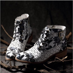 Vintage floral print ankle boots block heel lace-up boots retro pointed toe booties