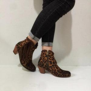 Sexy V-cut pointed toe fringe boots leopard ankle boots retro block heel boots