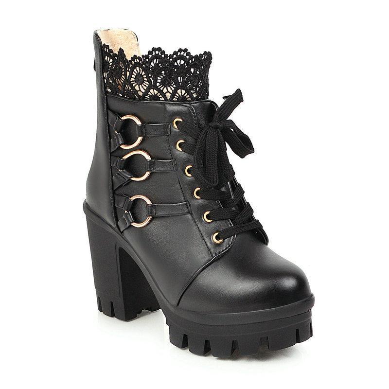 Women ankle flower hollow chunky heel platform lace up boots