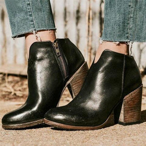 Retro ankle boots for women block heel booties with zipper chunky boots