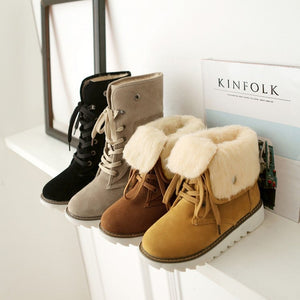 Women winter flat heel thick sole faux fur lace up short snow boots