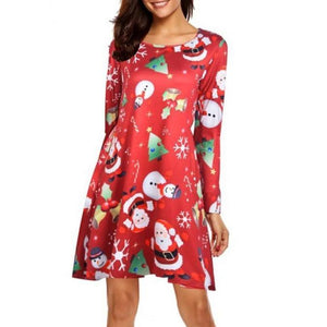 2019 Christmas Women Premium Round Neck Long Sleeve Floral Print Dress - Getcomfyshoes