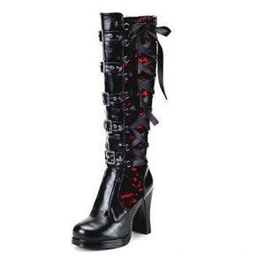 Black Gothic heeled boots sexy buckle boots punk tall boots heeled motorcycle boots
