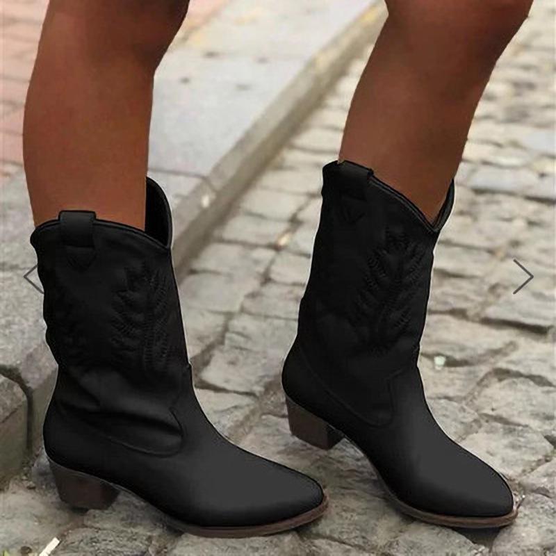 Women's mid calf cowboy boots retro pointed toe short western boots