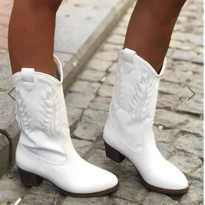 Women's mid calf cowboy boots retro pointed toe short western boots